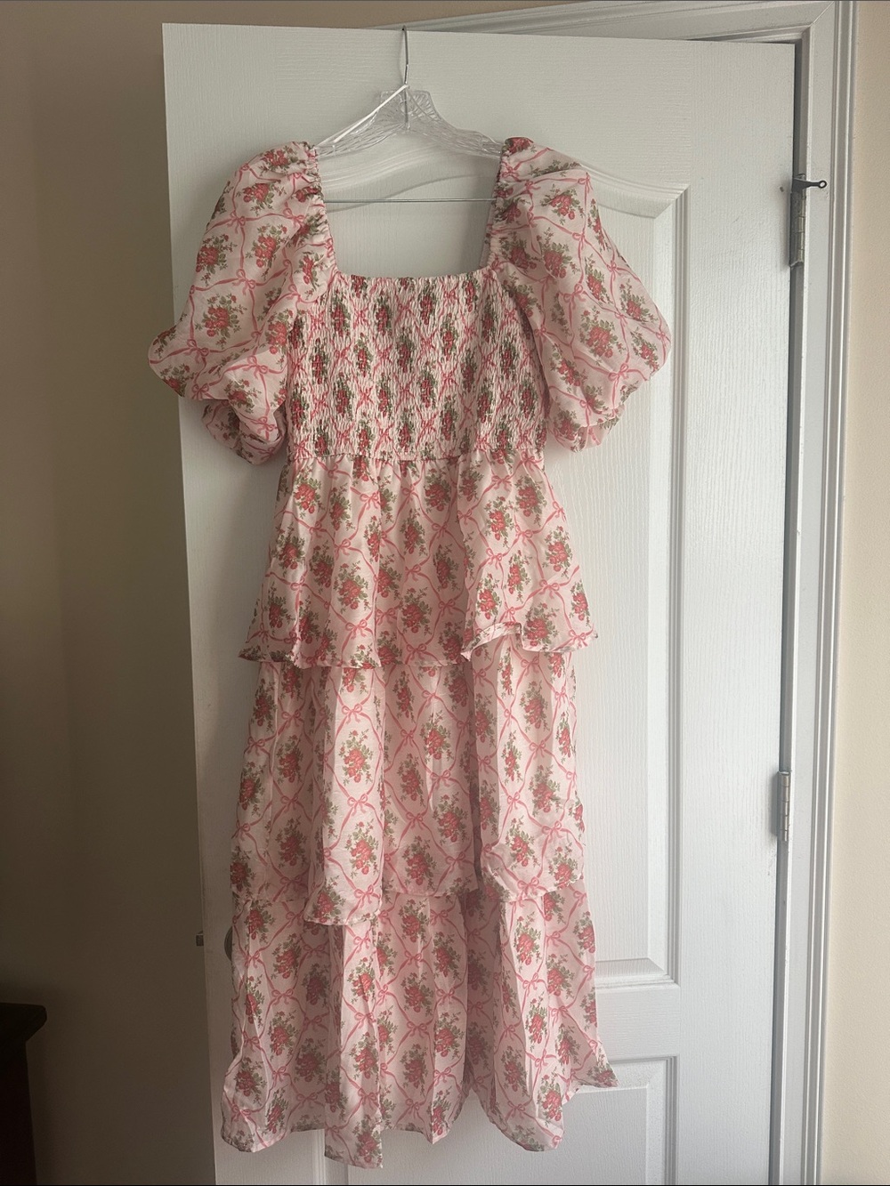 Peach love Floral Smocked Tiered Midi Dress in Pink NWOT